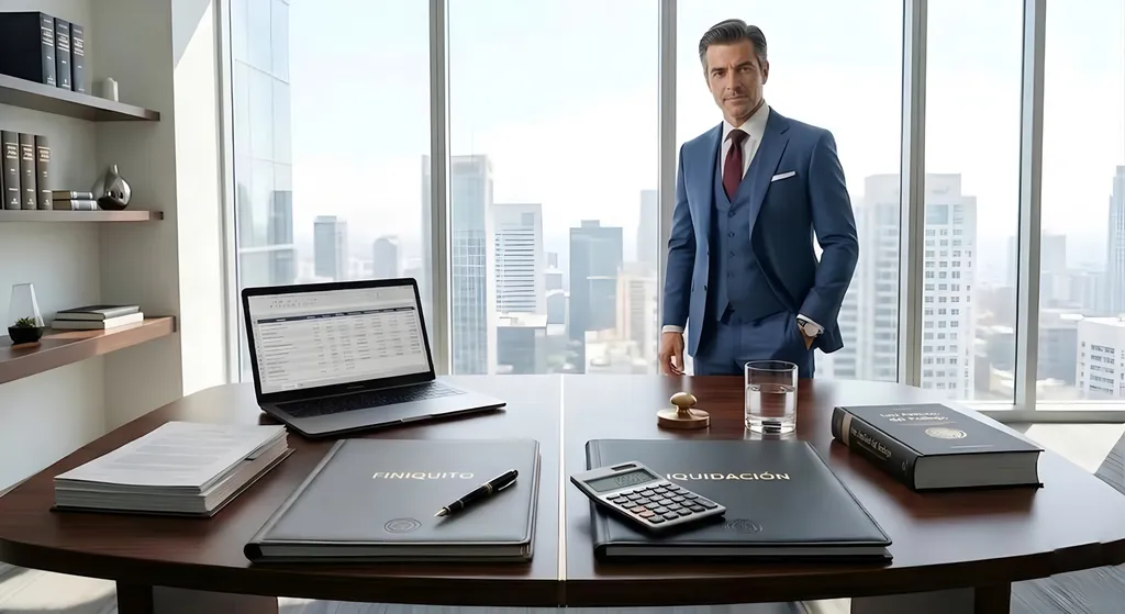 Abogado laboralista separando carpetas de finiquito y liquidación para calcular pagos correspondientes.