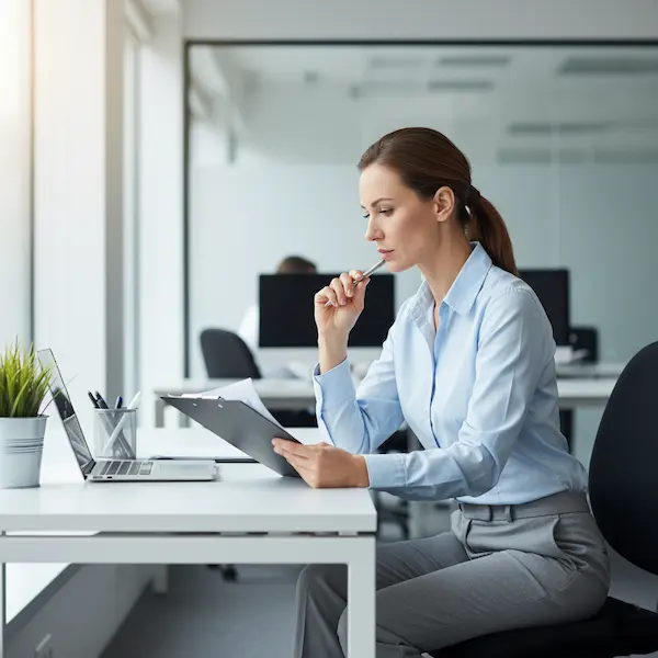 Trabajadora revisando documentos tras un despido.