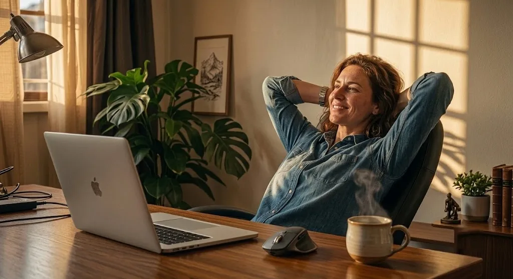 Mujer sonriente recargada en su silla con las manos detrás de la cabeza al terminar su jornada laboral, frente a su escritorio con laptop y café, con luz cálida de atardecer.