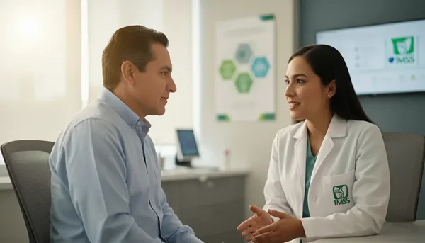 Médico del IMSS en consulta profesional y tranquilizadora con un trabajador.